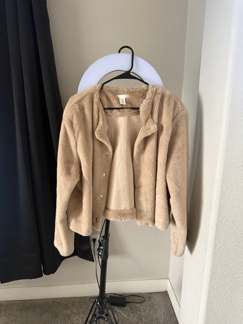 H&M Beige Plush Button-Front Teddy Jacket